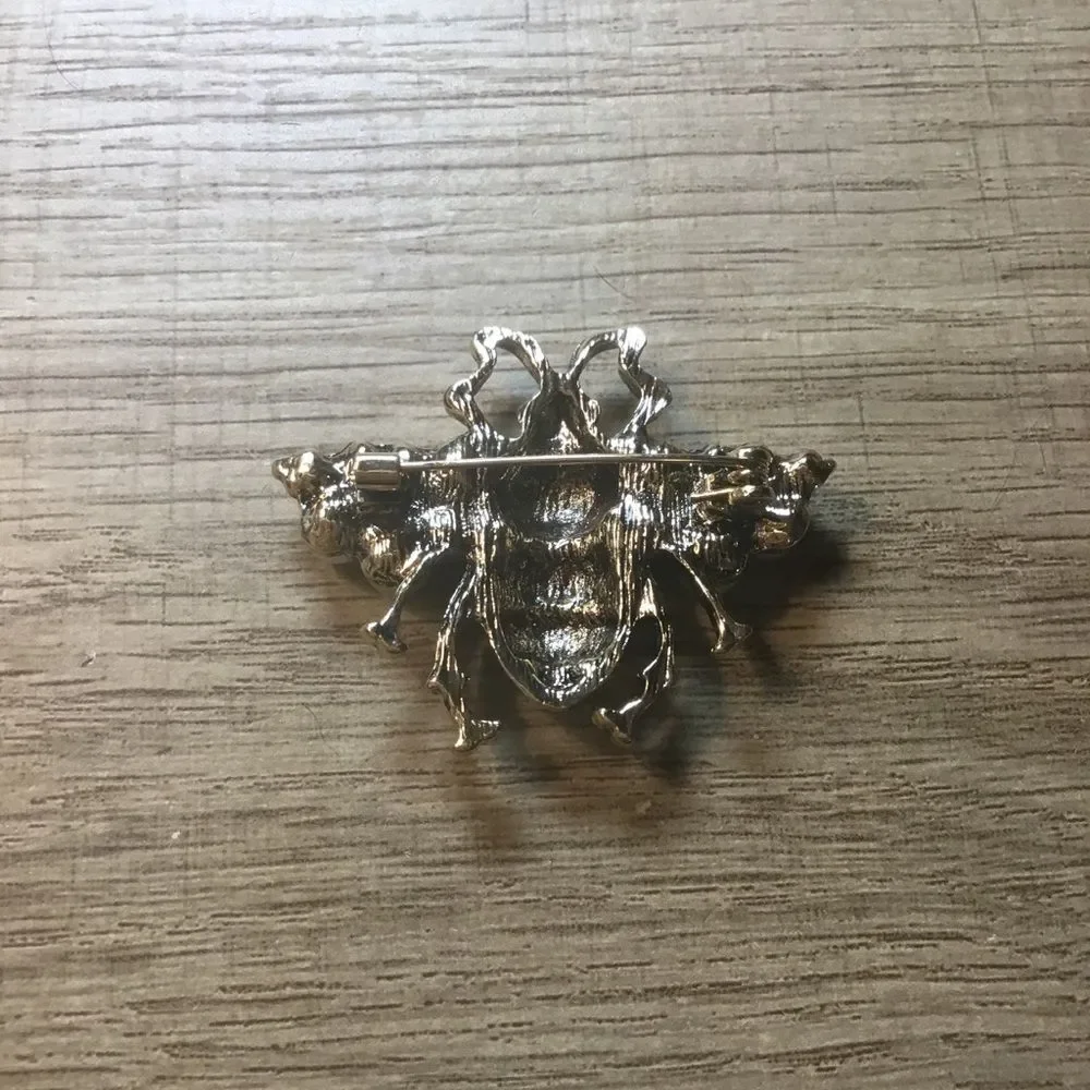 Gold Bee Brooch with White Pearls and Red Crystal Rhinestones